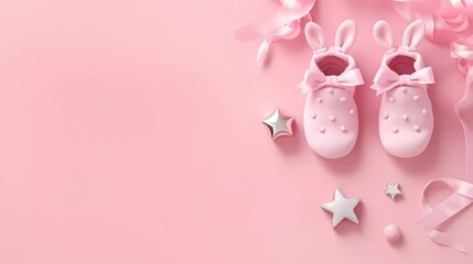 Cute pink baby newborn set of toys, baby wear and gifts. Childrens concept banner with copy space for text.