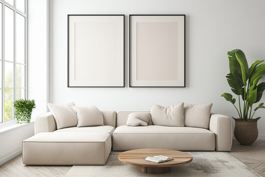 2 empty frames wall art in living room mock up.