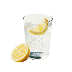 A glass of iced Lemon Sparkling Water isolated on a white background
