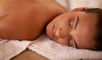 Wellness, calm and woman in spa for peace or vitality with wellbeing, luxury and pamper for body...