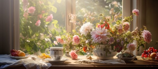 A vase filled with a colorful bouquet of flowers sits on top of a window sill, illuminated by natural light coming in. The flowers add a pop of color to the space.