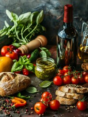 Gourmet Mediterranean Ingredients and Wine Setup for Culinary Exploration
