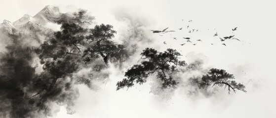 Tranquil Ink Wash Painting with Flying Birds