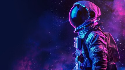Artistic representation of an astronaut in blue and purple light art on black