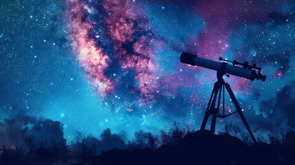 Astral observation with a telescope against a galaxy-kissed night sky - obrazy, fototapety, plakaty