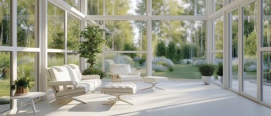 Modern Sunroom Interior with Serene Nature View