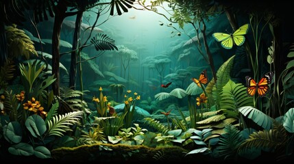 Realistic paper cut rainforest, biodiversity, lush greenery