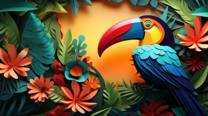 Rolgordijnen Realistic paper cut toucan in a tropical forest, colorful and bright © Anuwat