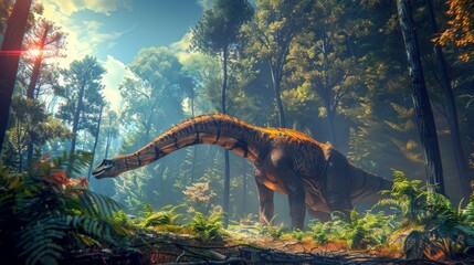 Gentle Brachiosaurus grazing in a vibrant Jurassic forest - obrazy, fototapety, plakaty