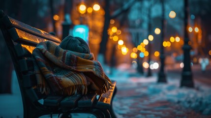 Homeless person wrapped in a blanket on a city bench at night