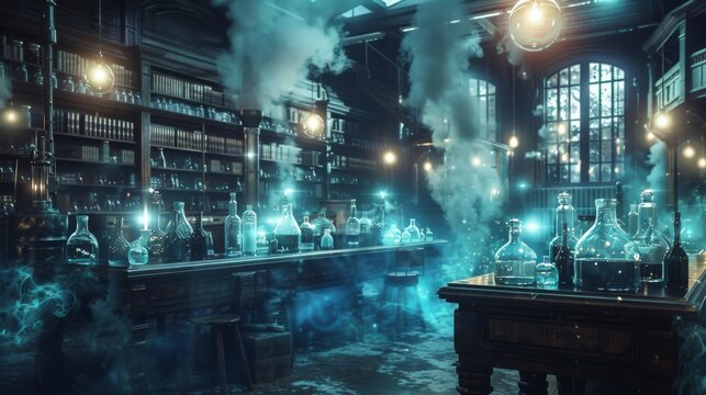 Eerie chemical laboratory with bubbling dangerous substances