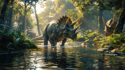 Triceratops herd moving through a tranquil prehistoric river
