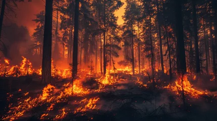 Photo sur Plexiglas Bordeaux Wildfire raging in a forest, a consequence of rising temperatures