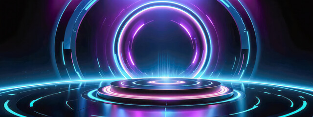 Futuristic product placement podium illuminated by radiant neon lights. Circular glowing lines emphasize central stage, showcasing products in modern, dynamic setting