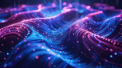 Abstract digital connectivity through swirling neon circuit patterns in blue and purple