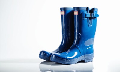 Blue rubber boots on a white background. Studio shot. Isolated.