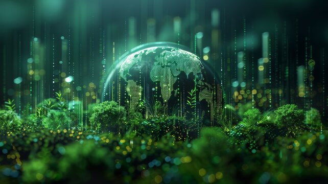 A visual representation of a global economic summit focused on digital assets and green technology integration