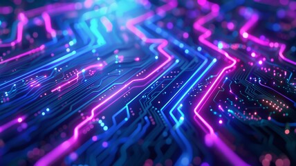Blue and purple neon circuits abstractly interlacing to depict digital connectivity