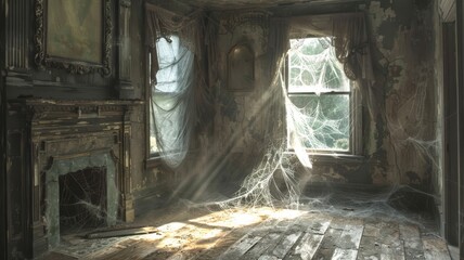 Dusty, cobweb-filled room in an old house, suggesting a haunting presence