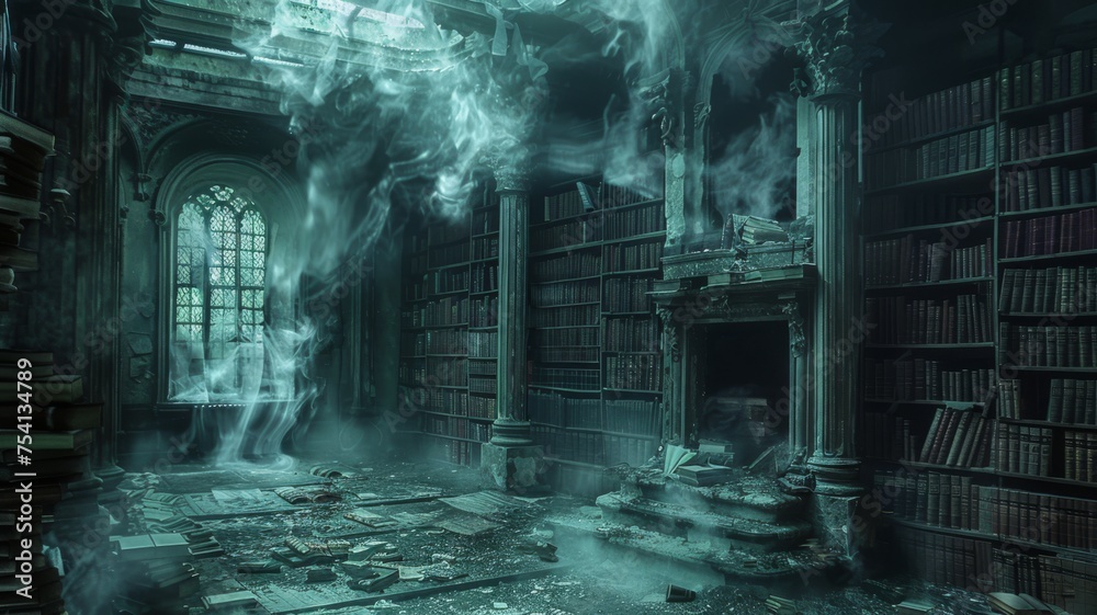 Wall mural Old, haunted library with books that fall off shelves by unseen hands