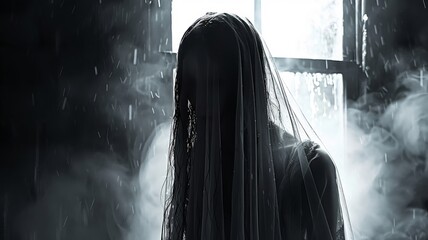 Haunting image of a long-haired ghost in a white veil, peering through a misty, broken window