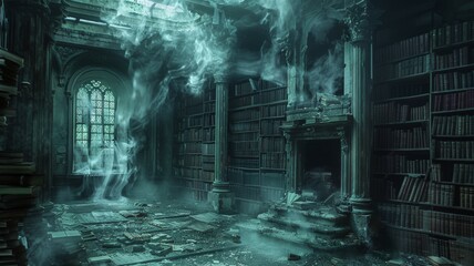 Old, haunted library with books that fall off shelves by unseen hands