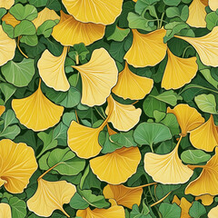 Yellow ginkgo biloban leaves ground background 
