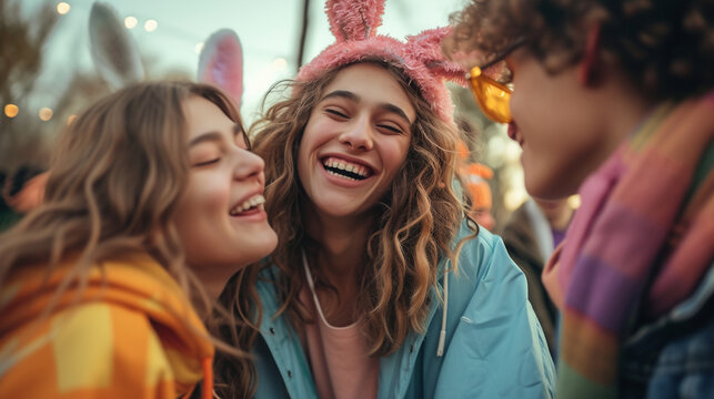 A genuine picture of a young person giggling with pals who are all dressed same for Easter, producing a sweet moment