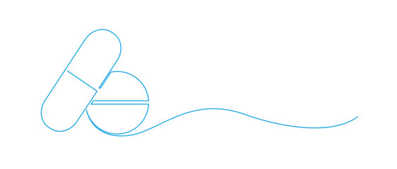 Pill icon, vitamin and capsule continuous line art vector.  Isolated white background eps 10