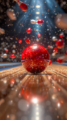 The pins scatter in all directions as the red bowling ball makes contact - obrazy, fototapety, plakaty