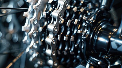 Bicycle Components - A Detailed Studio Shot of Black Alloy and Aluminium Parts with Cassette, Chain, and Adjustment on Artistic Background