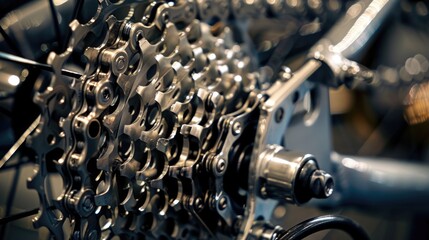 Bicycle Components on Black Background. Studio Shot Highlighting Alloy and Aluminium Details, Including Cassette Adjustment and Chain Art