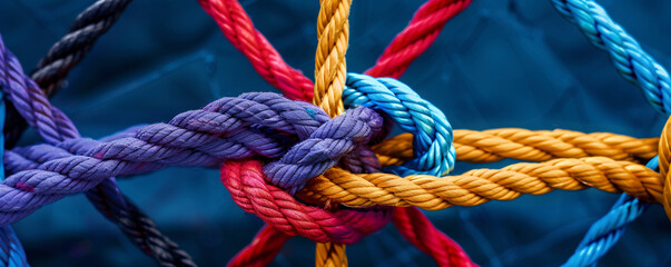 A network of ropes in different colors tied together symbolizing unity and communication with background space