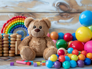 Front view of a cheerful kids' toy assortment with a teddy bear rainbow blocks and bright balls promoting learning and fun