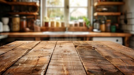 Rustic wooden table in grunge style prime for advertising against a blurred cozy home kitchen backdrop