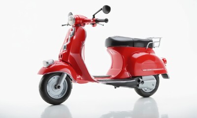 One red plastic scooter on a white background, a toy