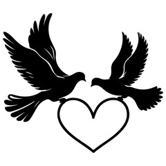 Obraz premium Birds fly to make a heart shape of love. hand drawing birth silhouette black outline art isolated on white background, vector illustration