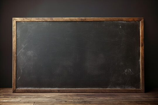  blank blackboard on a wall, An old used black board on a grungy dim classroom