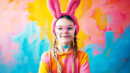 cute little girl in bunny ears on colorful background, Easter holiday card with free space