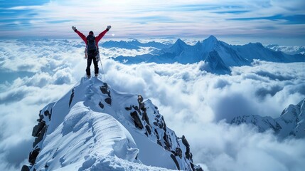 Naklejka na ściany i meble a man stands triumphantly on the mountain summit arms raised