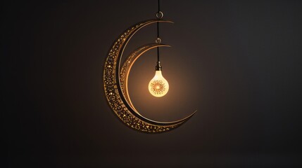 Exquisite ramadan decor: golden crescent & arabic pendant luminaire, symbolizing illumination & tradition

