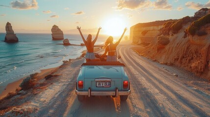 Couple on vacation, Australia's Coastal Delight: Couple's Great Ocean Road Roofless Drive - Arms Raised, Joyful Moments Captured - obrazy, fototapety, plakaty