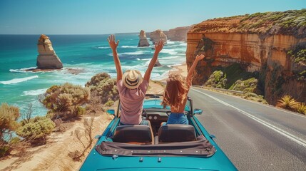 Couple on vacation, Love in the Breeze: Great Ocean Road Roofless Car Trip  - obrazy, fototapety, plakaty