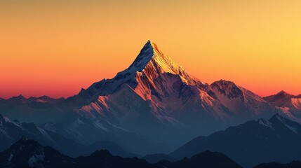 Mountain peak in earthy tones outlined against a sunset palette sky
