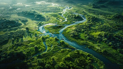 aerial view river delta with lush green vegetation - obrazy, fototapety, plakaty
