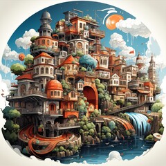 Whimsical town built around a waterfall, featuring a myriad of charming buildings and lush greenery