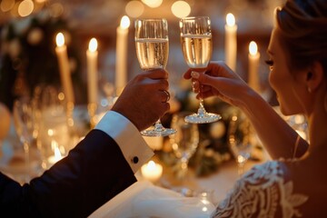 Elegant couple raising champagne glasses in a toast amidst glamorous gala setting.