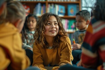 Fototapeta premium Happy kids gathered around their teacher, engaged in a lively discussion about a book