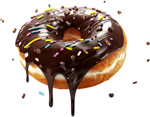 Chocolate donut doughnut flying melted liquid sprinkles topping frosting isolated cutout on transparent background. Mockup advertisement. product presentation.