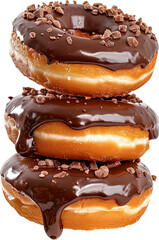 Stack tower of donut chocolate doughnut melted liquid topping frosting isolated cutout on transparent background. Mockup advertisement. product presentation.